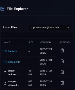 The file explorer: local and remote panes side by side