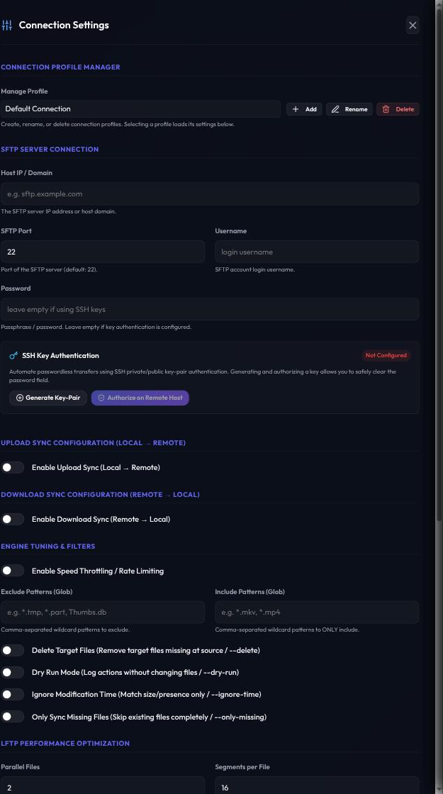 Connection settings for a profile