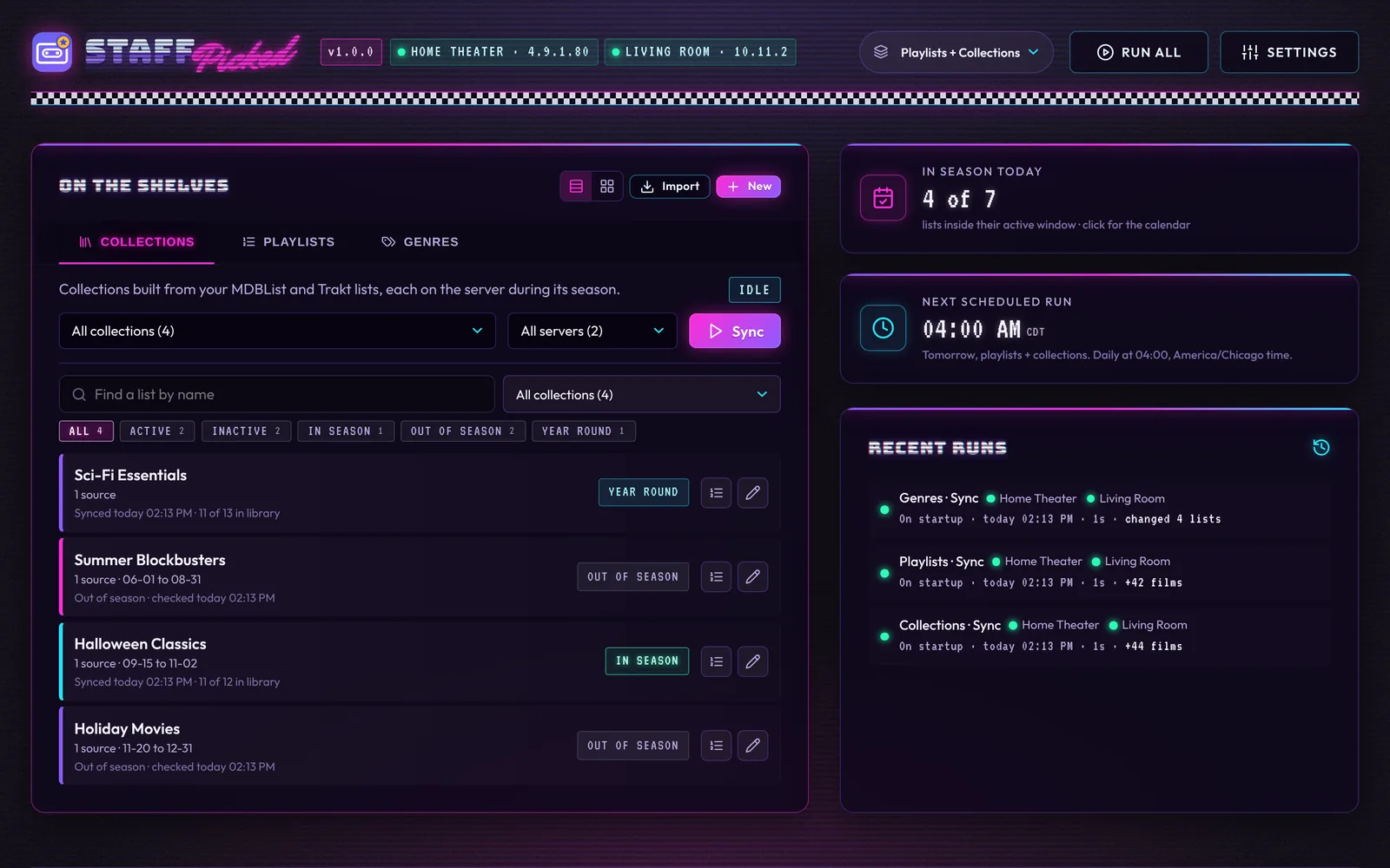 The dashboard: lists on the shelf, what's in season, the next sync and recent runs