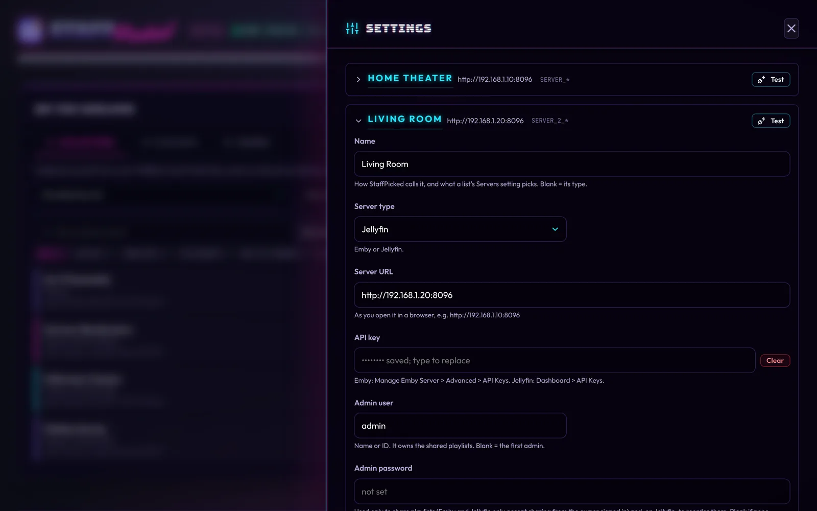 Settings with an Emby server and a Jellyfin server side by side