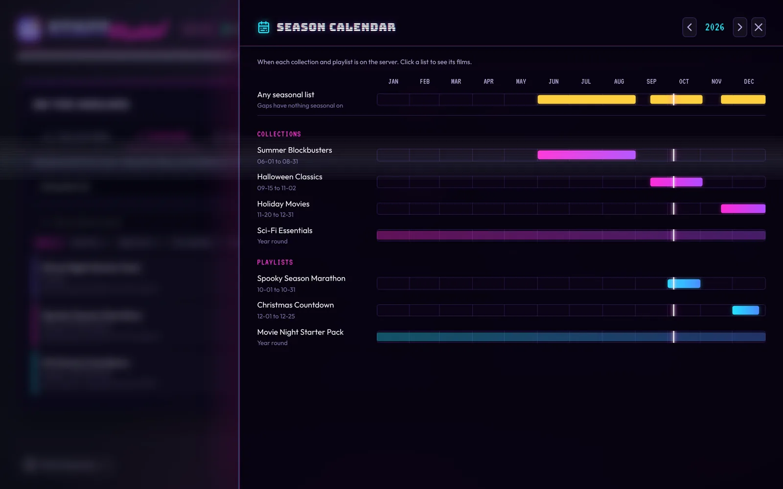 The season calendar: when each collection and playlist is on the server across the year