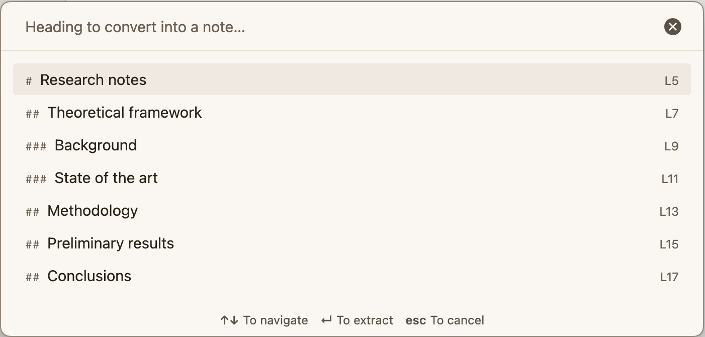 The heading picker listing every heading in the note, with its level and line number