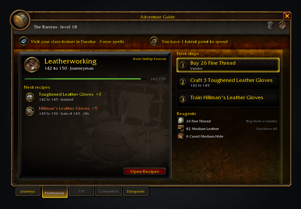 The Professions tab