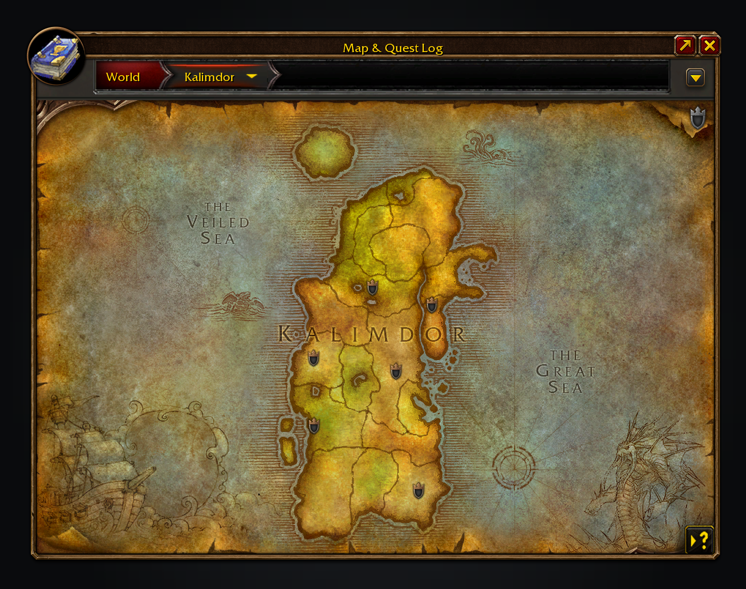 Kalimdor on the world map with a Legacy badge on each zone that still has dungeon objectives