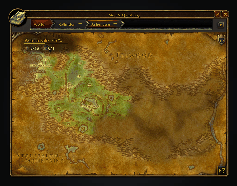 Ashenvale on the world map as two areas are found, the completion corner folding away, then the Legacy menu