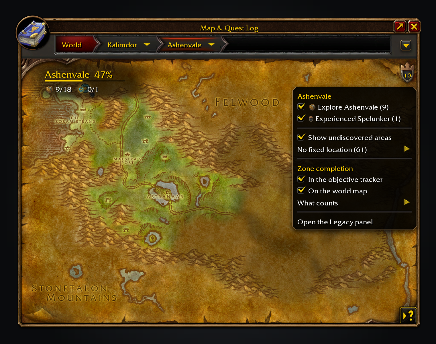 Ashenvale on the world map with undiscovered areas shaded, the zone completion corner and the Legacy menu open