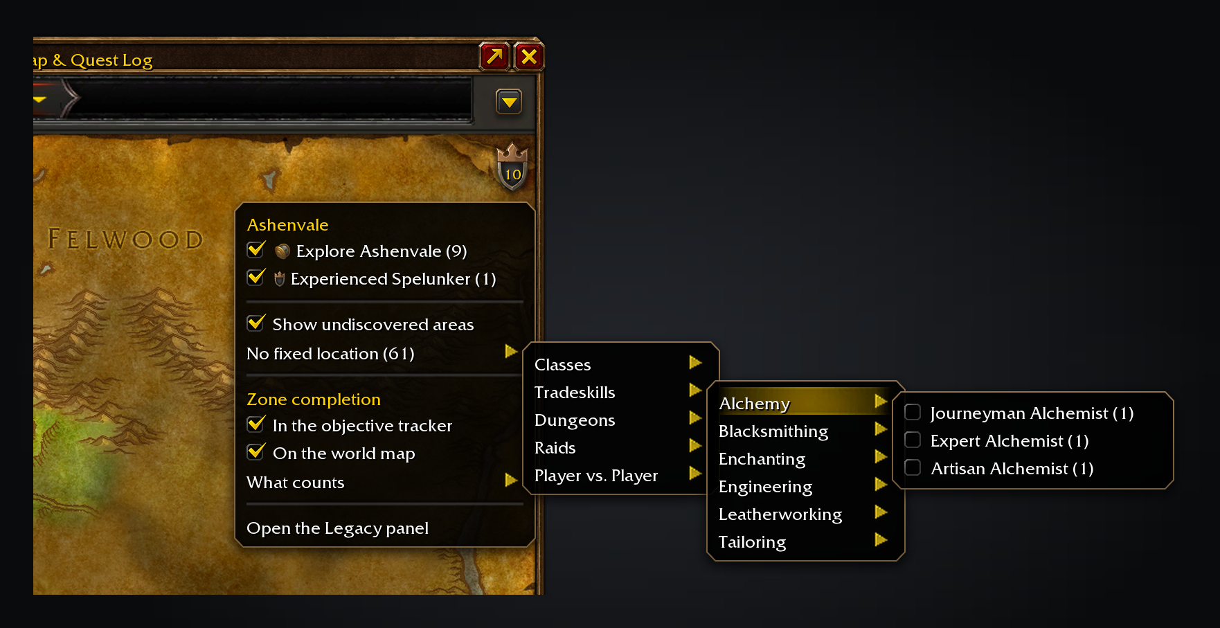 The Legacy map menu with tick boxes to track challenges, grouped by type