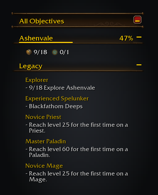 The objective tracker with Ashenvale's completion and the tracked Legacy challenges