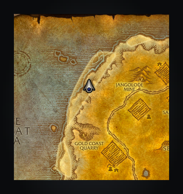 A quest's own area in gold on the world map, with no stop pin or line