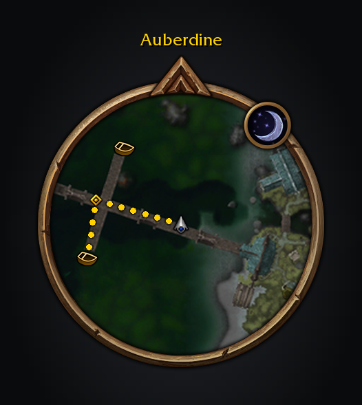 Auberdine’s piers on the minimap, with the dotted route and Guide’s native waypoint