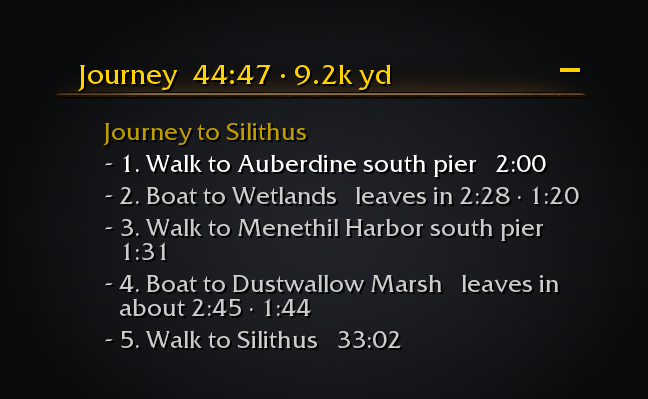 Journey steps from Auberdine to Silithus, with time and distance remaining