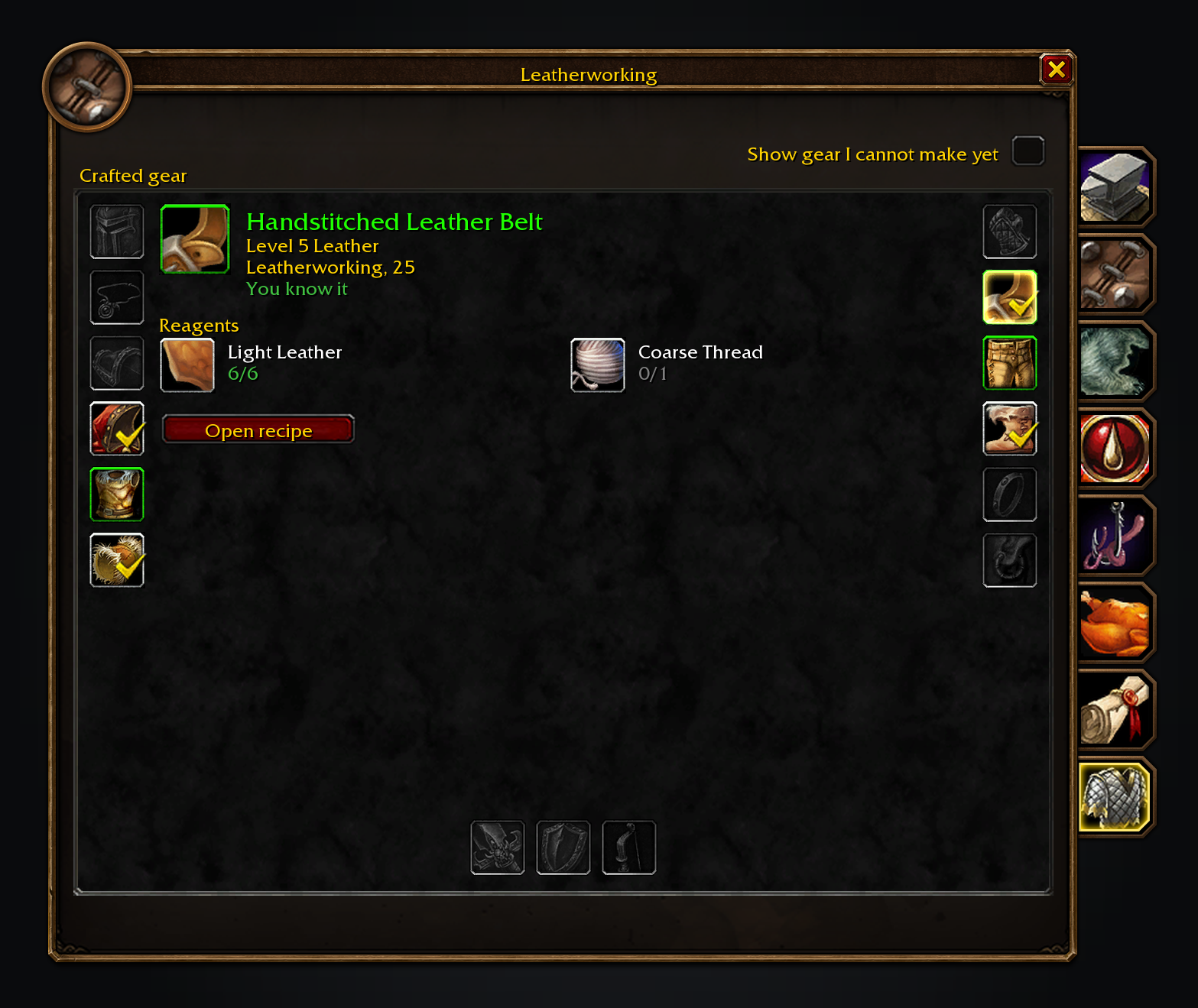 The Crafted gear tab with item slots down both sides and along the bottom, each showing the newest crafted item, and one slot's recipe, reagents and status in the middle