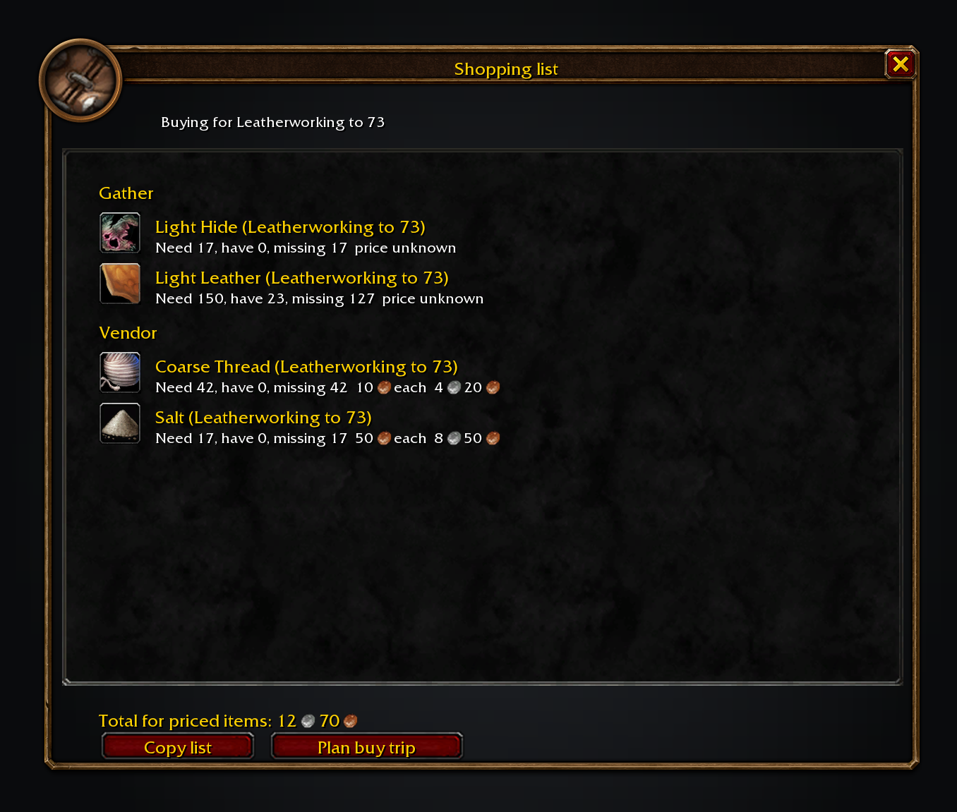 The standalone SkillUp shopping list with source groups, missing counts and prices