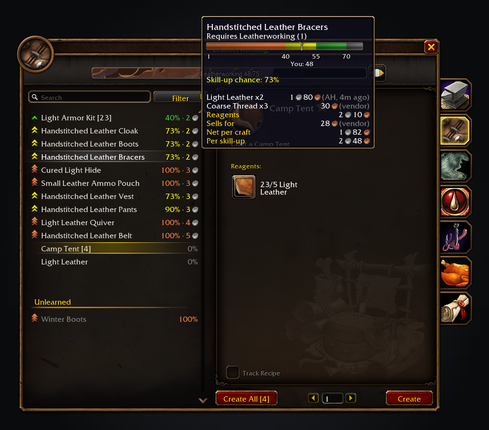 The Leatherworking window with skill-up chance and cost per skill-up on each row