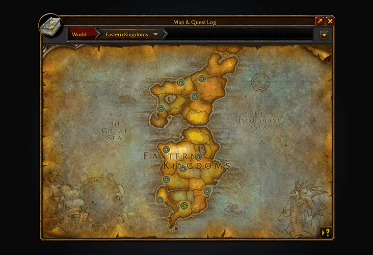 Dungeon entrances on the map, then enemy nameplates, then a backpack with a ring marked as junk