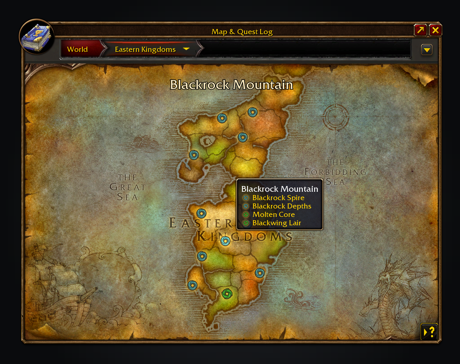 The Eastern Kingdoms map with an icon at every dungeon entrance and Blackrock Mountain's tooltip