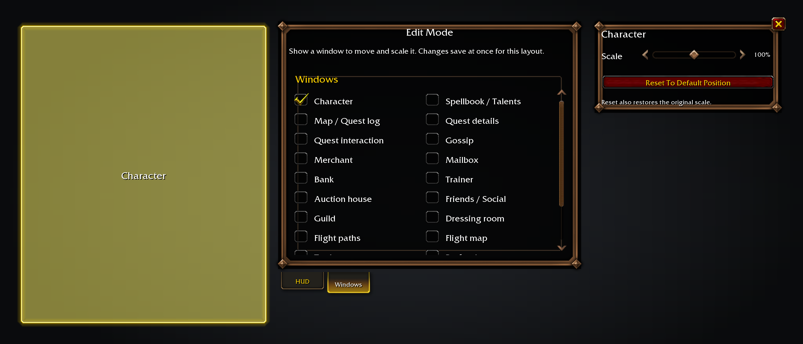 Edit Mode's Windows tab and the Character window's Scale slider