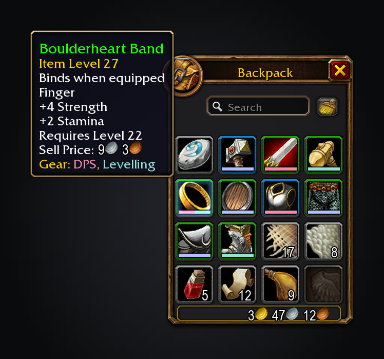 A backpack with coloured gear group strips under each slot