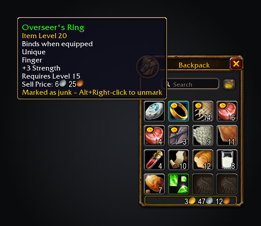 A backpack with the game's gold junk coin on a ring and grey items