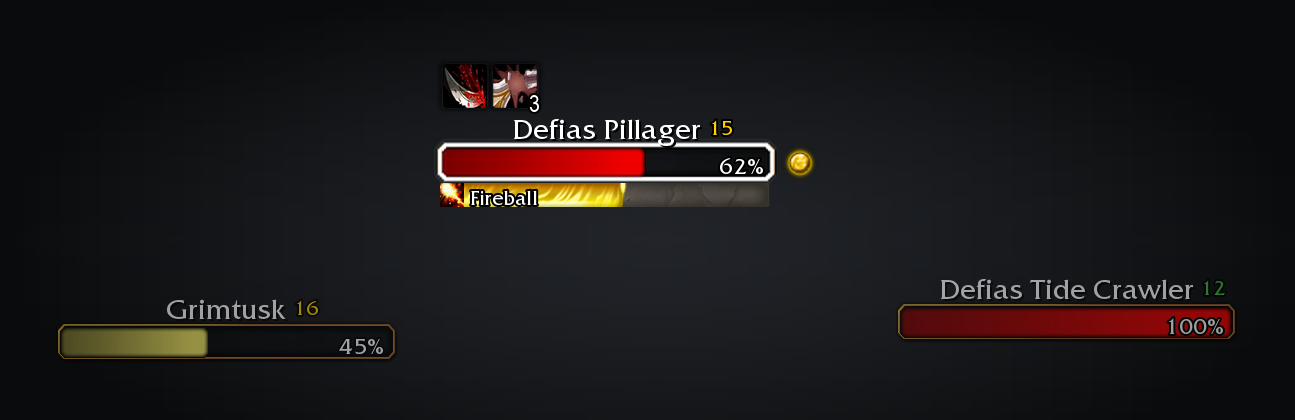 Three enemy nameplates, the target outlined in white with a quest icon and a Fireball cast