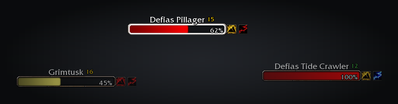 Three enemy nameplates with an Earth Shock and a Lightning Bolt icon, in colour when the spell reaches and solid red when it does not
