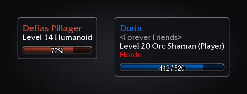 An enemy's tooltip with a red health bar at 72% and a Horde shaman's with a blue bar at 412 / 520