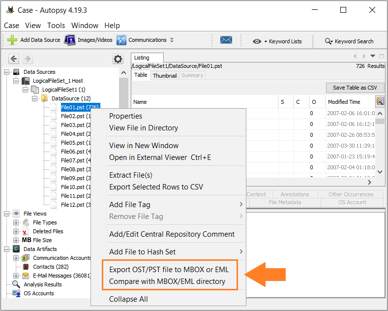 Context menu with two additional items added by PSTConv Autopsy Module