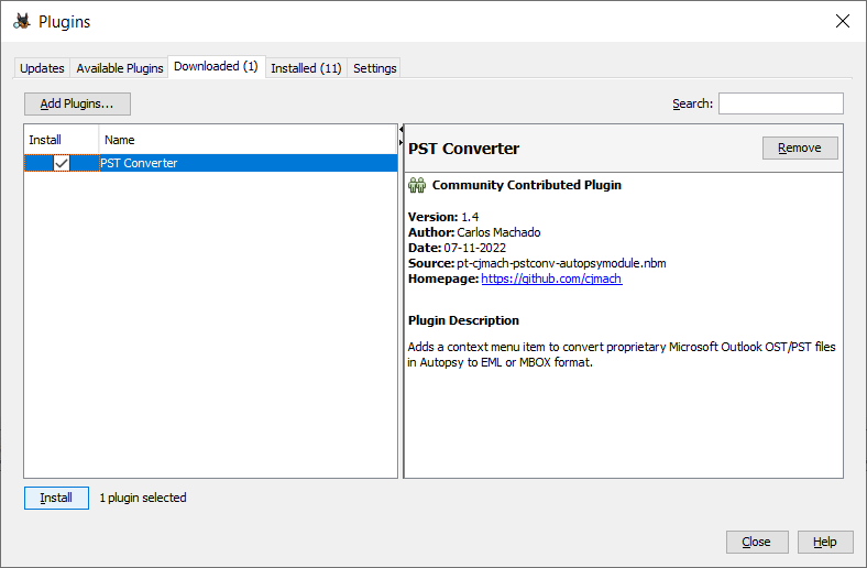 Plugin manager showing the details of PSTConv Autopsy Module
