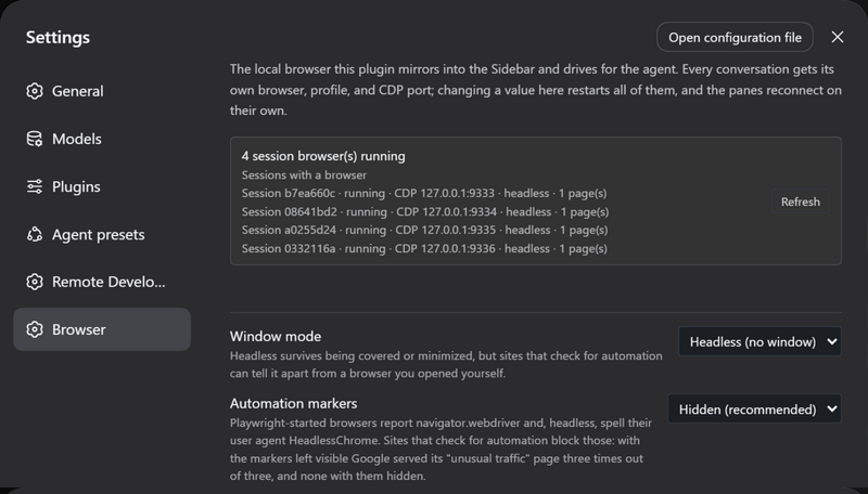 The browser settings section: one running instance per session with its own CDP port, window mode, automation markers, and profile location