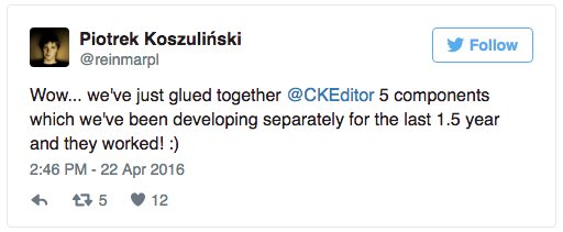 Wow... we've just glued together @CKEditor 5 components which we've been developing separately for the last 1.5 year and they worked! :)