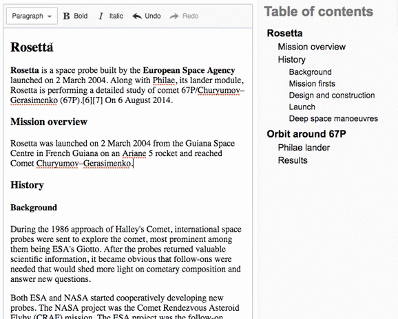 Screencast of the editable table of contents feature for CKEditor 5