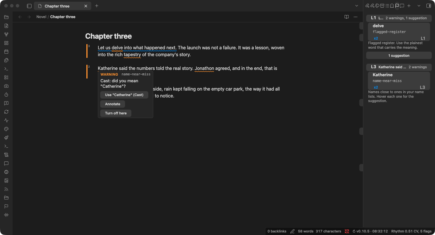 A chapter with "delve" and "tapestry" underlined as AI tells, "Katherine" and "Jonathon" underlined as near misses of names in a cast list, the hover offering "Use Catherine", and the flags panel on the right