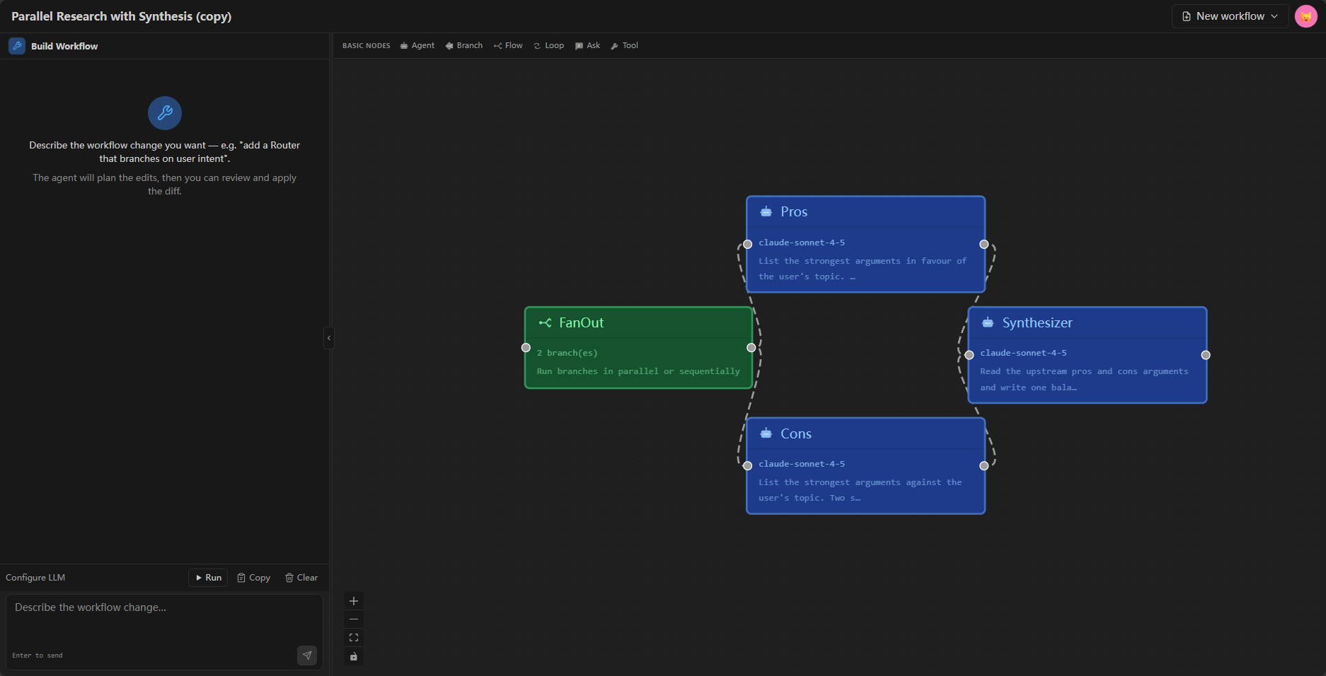 FlowWeaver canvas — visual workflow builder with chat panel