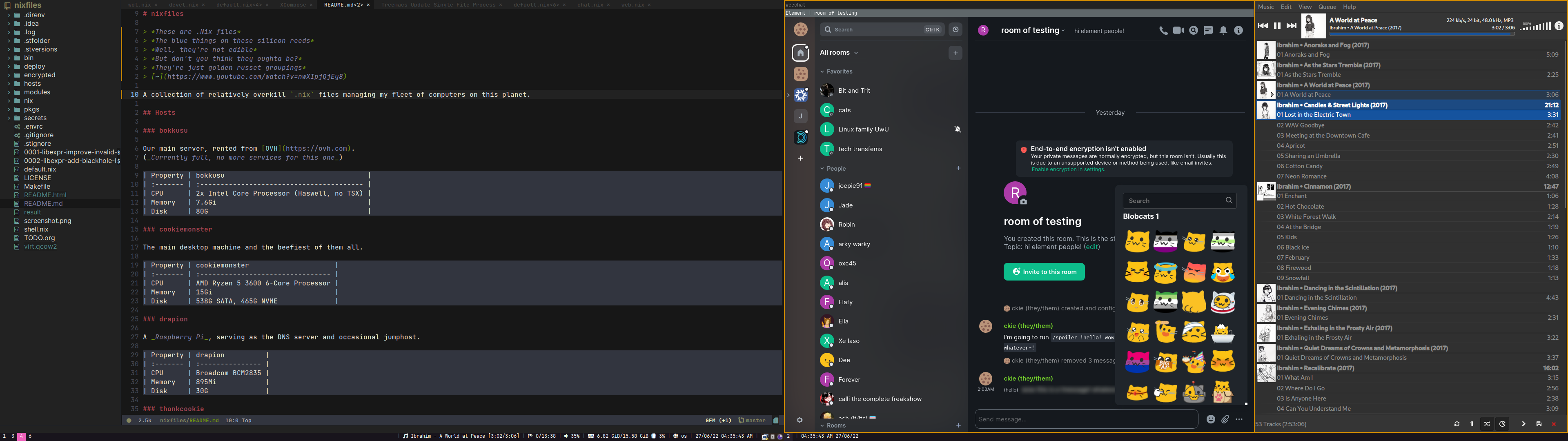 Dual monitor screenshot of cookiemonster. On screen are Doom Emacs, Element, and Cantata