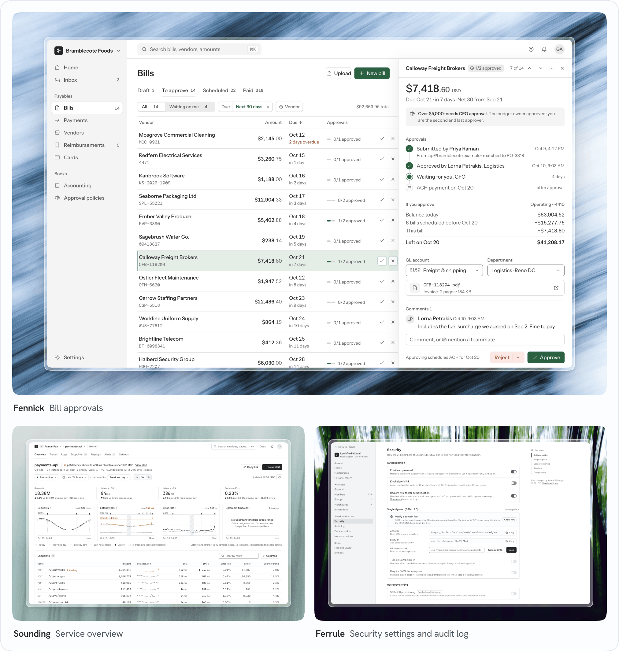 Three business app screens on photo backgrounds: Fennick bill approvals, Sounding service overview, and Ferrule security settings and audit log.