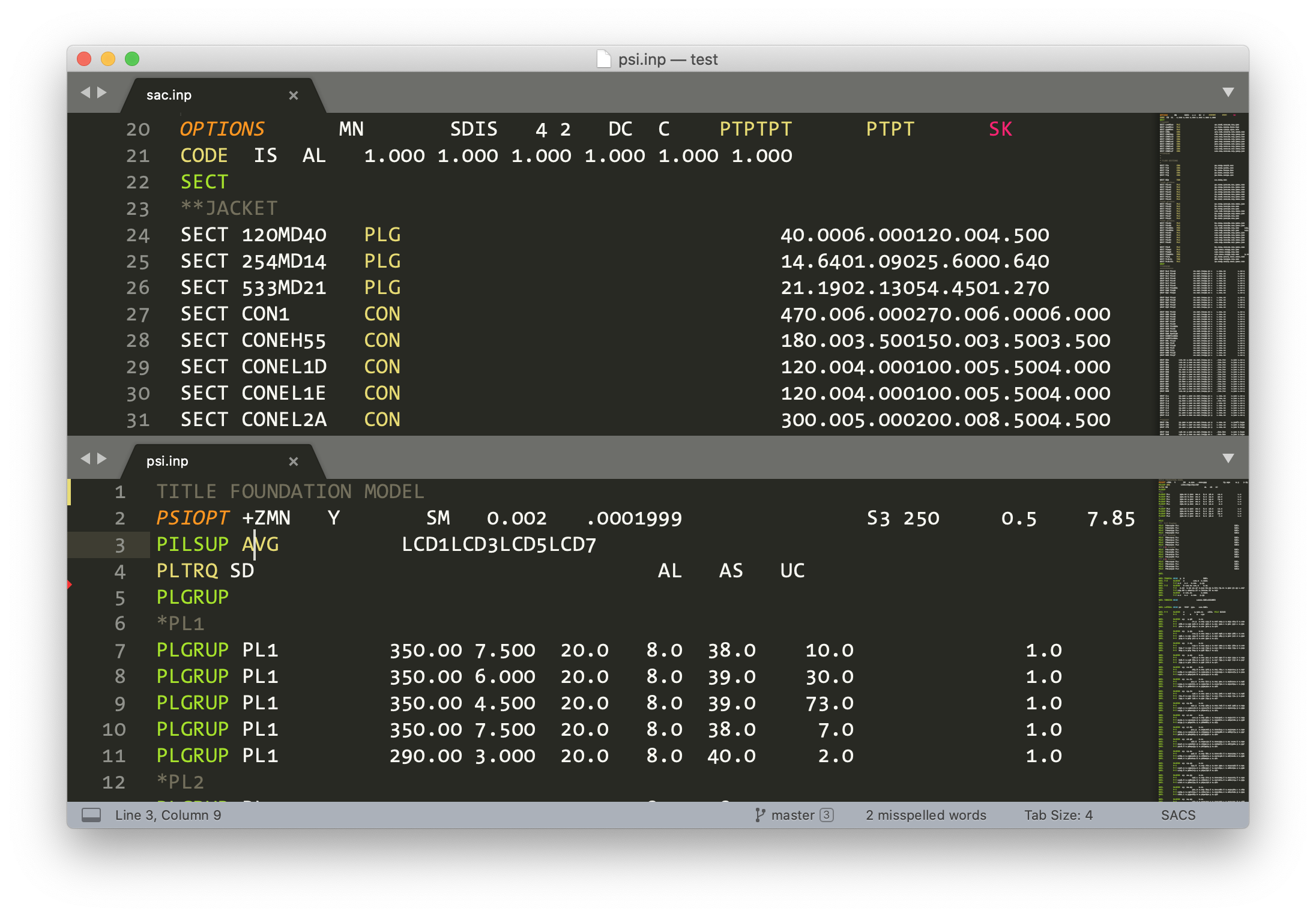 SACS input file syntax-highlighted in Sublime Text.