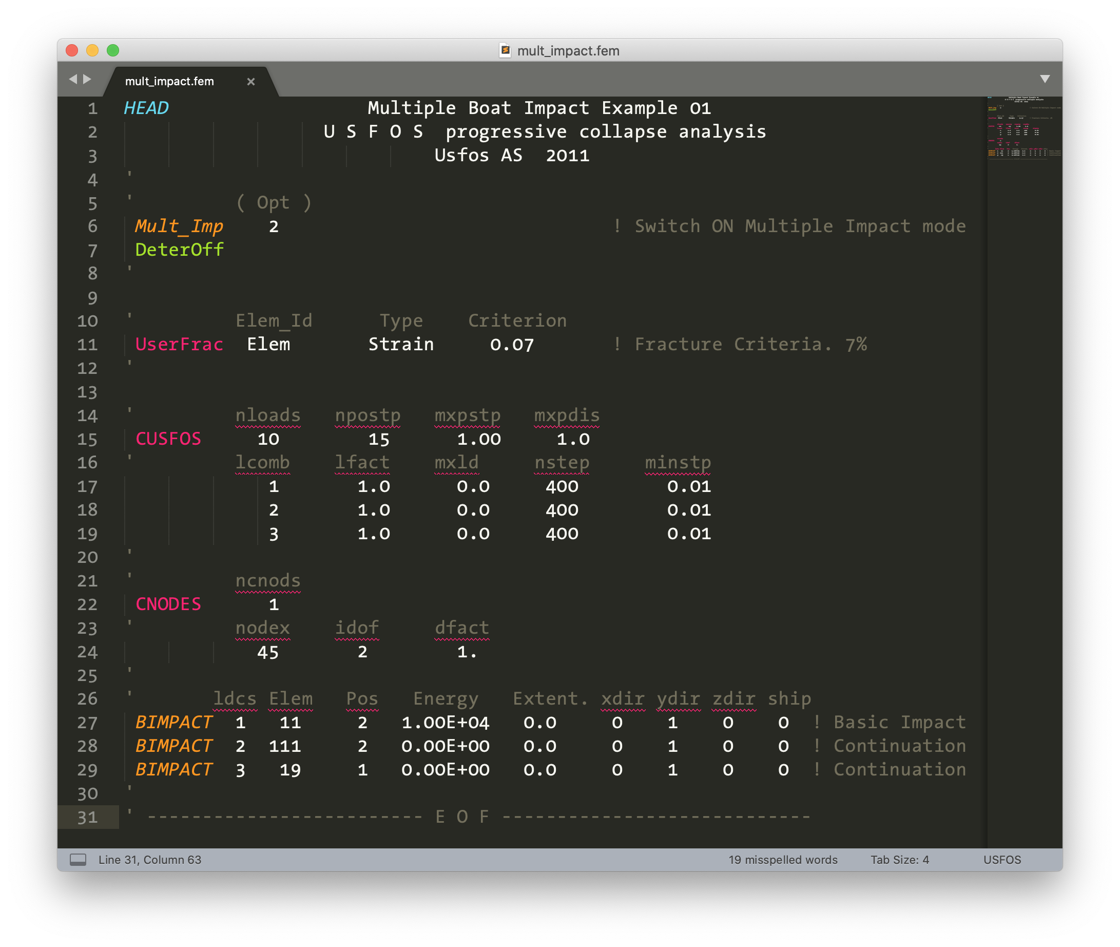 USFOS control file syntax highlighted in Sublime Text.