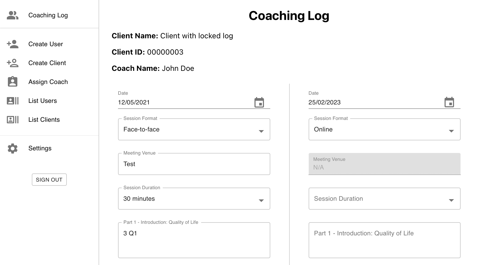 Coaching Log Screenshot