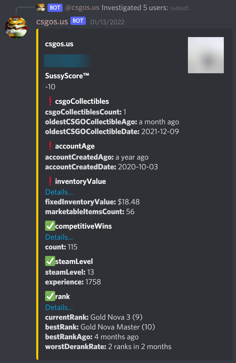 Example Discord output for a user with low trust