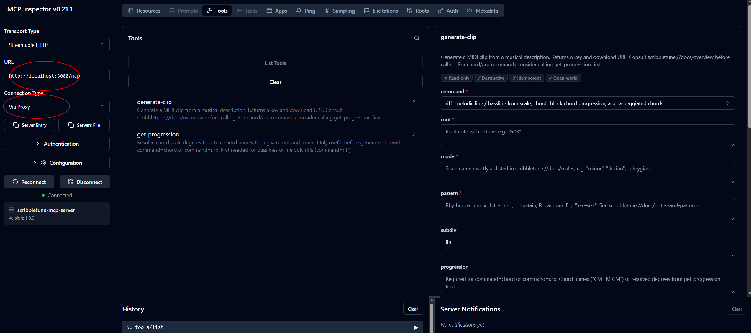 MCP Inspector showing generate-clip and get-progression tools connected to the local server