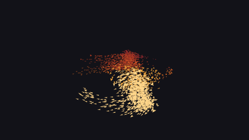 A murmuration in ember over a dark sky and a blue hawk: the birds near the camera are large and bright, those far from it small and dim, and the flock closes into a ring around the hawk and then folds into arcs and sheets