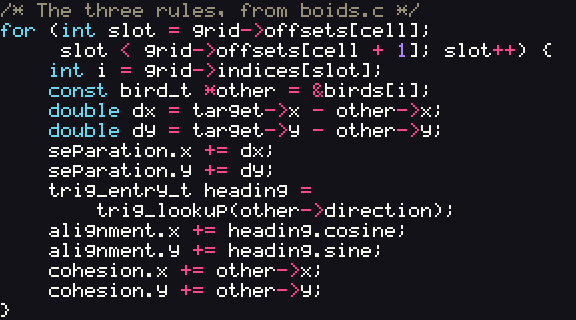 Syntax-highlighted C, the three rules from boids.c: a wave from the middle lifts the letters, they fly as a flock, and each one lands back on the cell it left