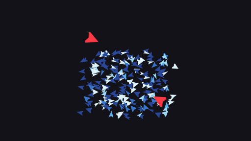 Two scarlet hawks hunt an ice-blue flock, which parts around them and closes behind