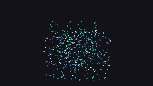 The flock tells the time, 12:34:56, mint through to violet: the seconds tick as their birds hop over to the next digit, and at 12:35 the digit of the minute that changes lets go and other birds write the new one