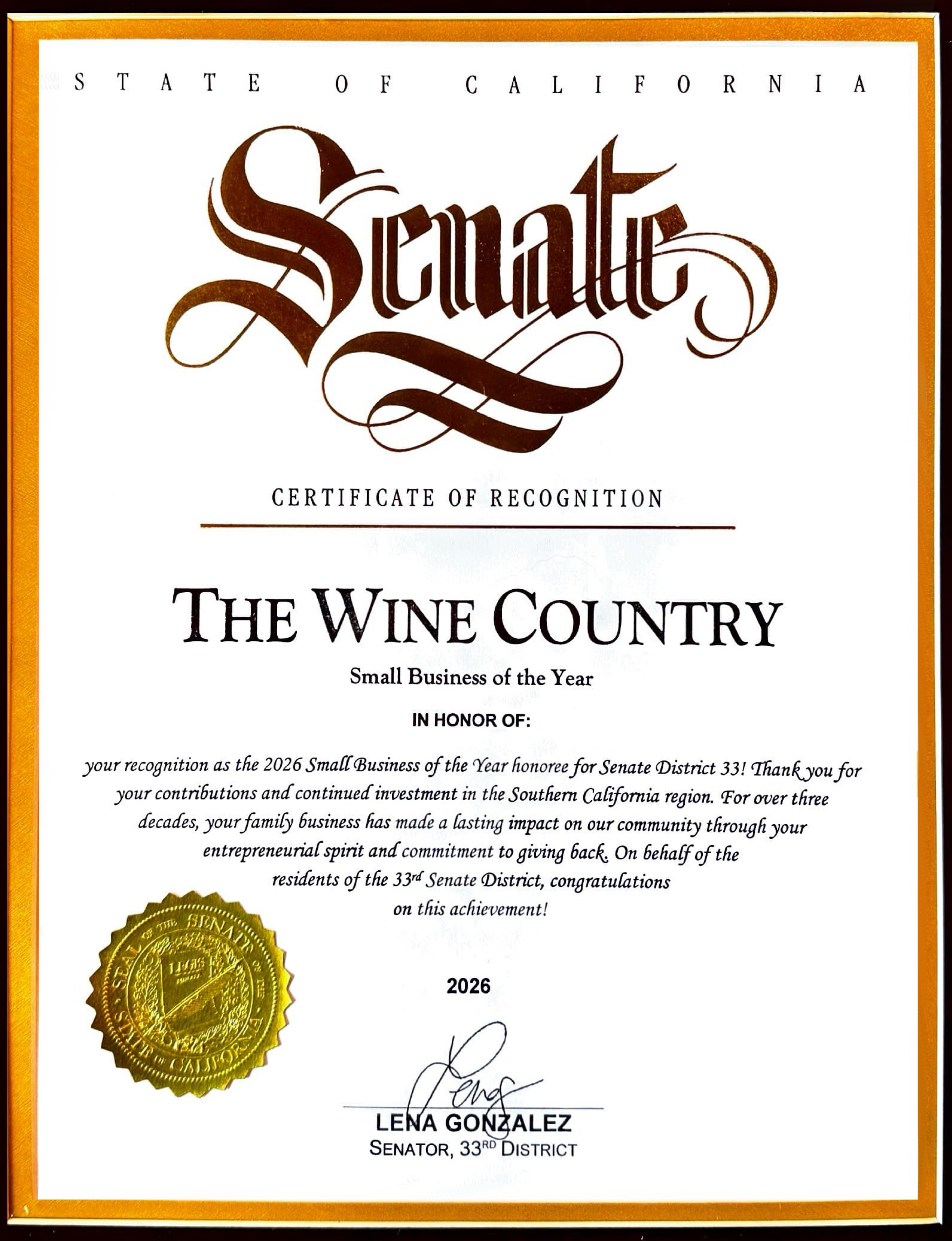 California State Senate 33rd District Small Business of the Year Award