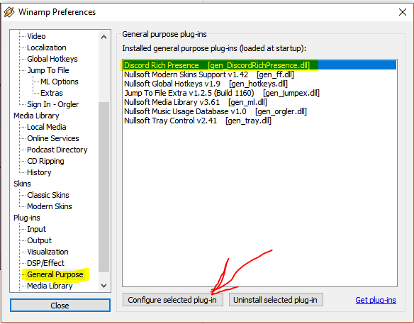 The Winamp Preferences window is shown. There are some Preferences categories, such as Media Library, Skins and Plug-ins. Under the Plug-ins category, the user has clicked the General Purpose sub-category. There's a listing of General Purpose plugins, and Discord Rich Presence, labeled gen_DiscordRichPresence.dll, is at the top, selected. There are buttons labeled Configure selected plug-in and Uninstall selected plug-in. There's an arrow pointing to the Configure selected plug-in button.