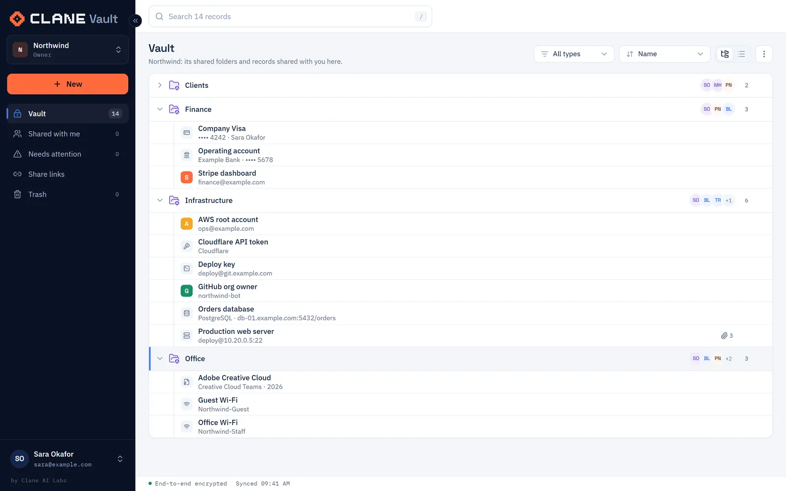 The Clane Vault web app: shared folders with logins, a payment card, a bank account, API and SSH keys, a database,
a server with three attached files, a software licence and Wi-Fi networks