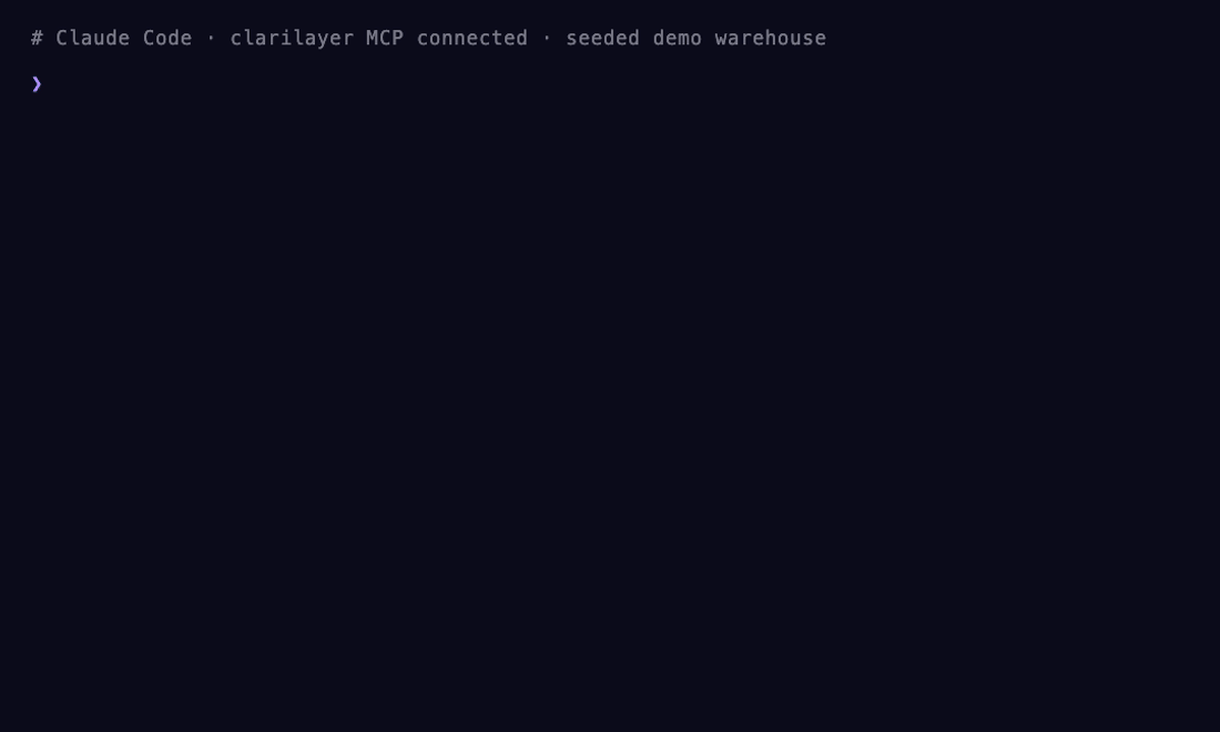 ClariLayer in Claude Code: the agent recalls a saved net-revenue definition, reconciles it against the warehouse, finds refunds the definition excludes, and flags the entry with a caveat that's waiting in the next session
