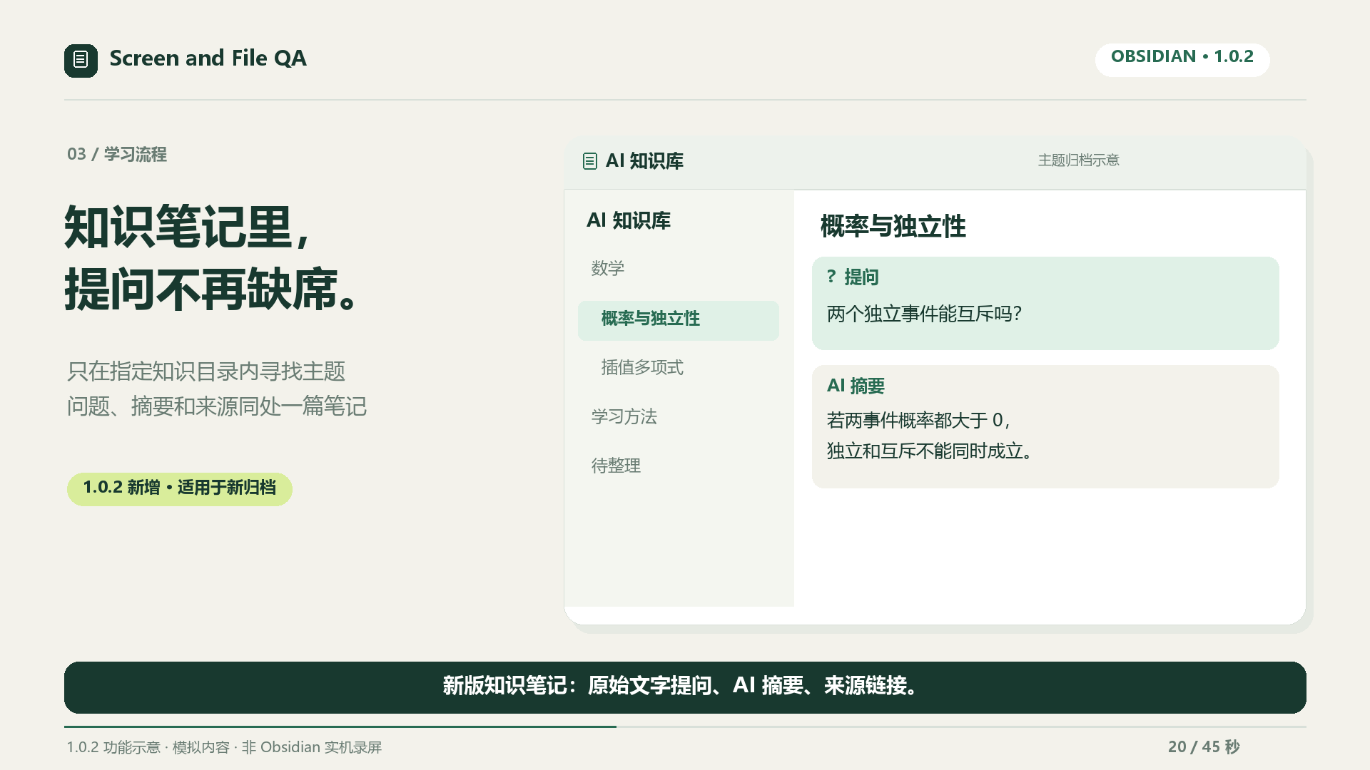 Original question, summary and source links in a knowledge note; illustrated UI