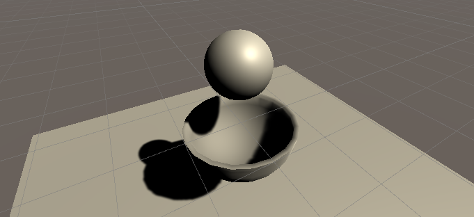 The game scene includes a bowl, sphere, and plane